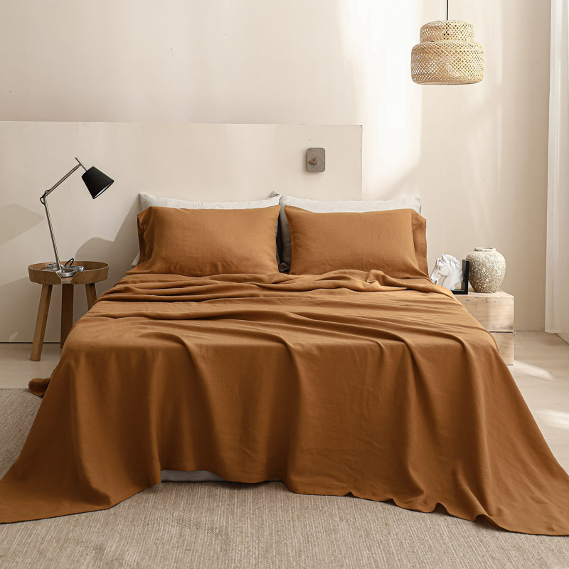 Ensemble de draps 100% lin, Ensemble de draps pour grand lit avec 2 taies d'or, Rouille