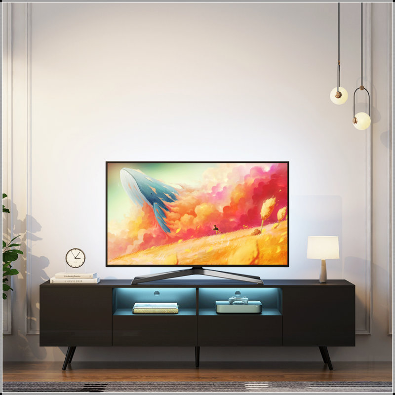 Meuble télé moderne blanc, meuble télé à DEL avec télécommande, Noir