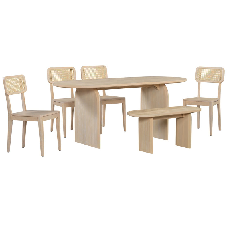 Ensemble 6 pièces de table et chaises de cuisine avec chaises et banc en bois massif, Naturel