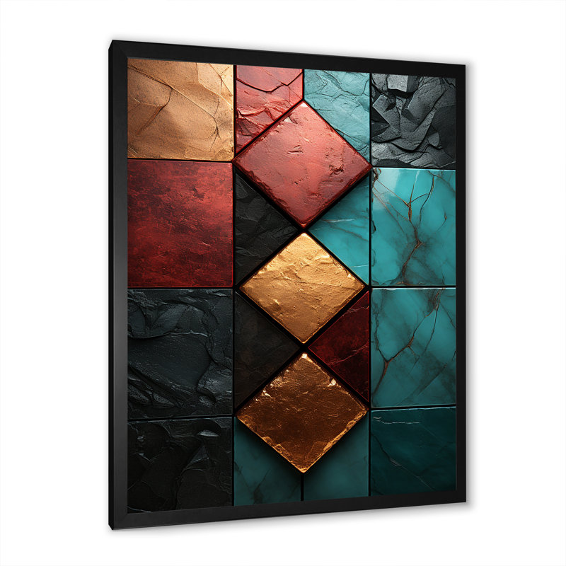 Carreaux de chevron bleu et rouge Elegance III - art mural abstrait, Cadre photo noir, H 32 po x l 24 po x P 1 po