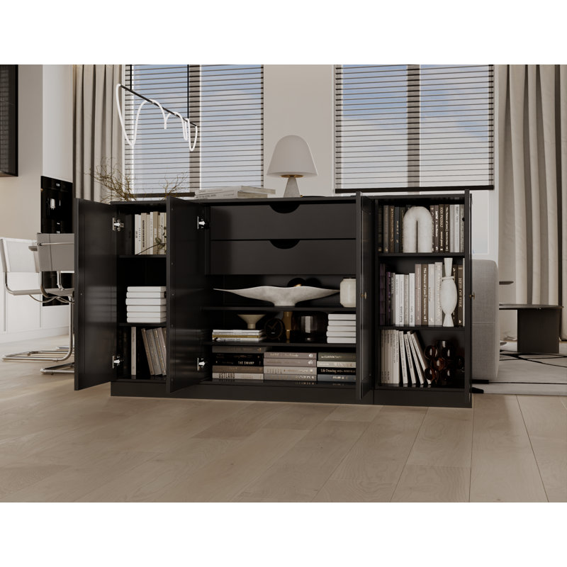 Buffet 100% bois massif 65 "avec portes solides, 2 tiroirs et tablettes réglables, Noir, noir, noir, noir
