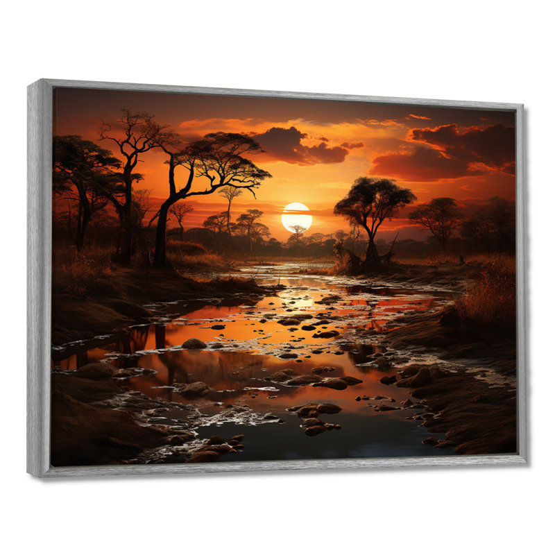 «African Sunset Oasis I», reproduction sur toile, H 12 po x l 20 po x P 1 po, Encadrement argenté