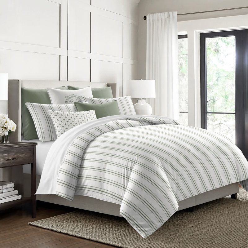 August Stripe Reversible Cotton Duvet Cover Set, Twin Duvet Cover + 2 Standard Shams, Sweet Grass