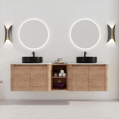 Meuble-lavabo mural 72 po avec lavabo d'art en céramique, tablettes de rangement et portes à fermeture en douceur, idéal pour les salles de bain modernes