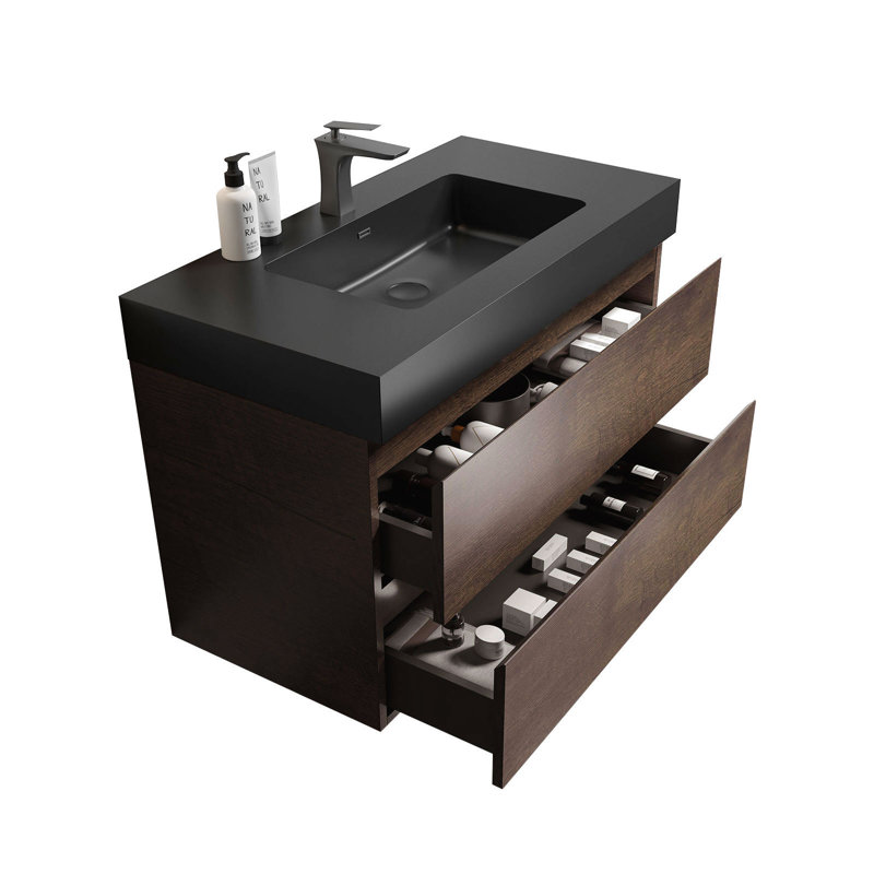 Meuble-lavabo simple 36 po avec surface solide et trop-plein, 36 po, pré-assemblé, Noyer, Noir mat, 36"