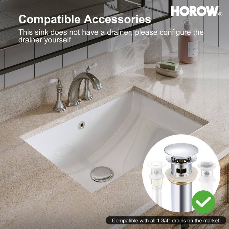 White Rectangular Ceramic Undermount Bathroom Sink with Overflow Hole