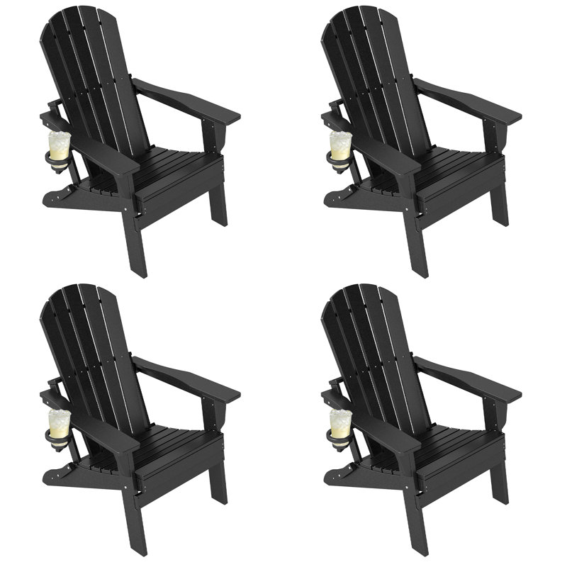 Chaise Adirondack pliante en PEHD avec porte-gobelet, noir, Noir
