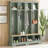 Farmhouse 59W Wide Hall Tree with 8 Hooks, Practical Entryway Bench with Open Compartments, 76.7H Modern 3-in-1 Wooden Style Coat and Shoe Rack-1431728427