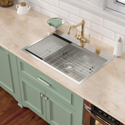 30" L x 22" W Workstation Drop-In Kitchen Sink Single Bowl Stainless Steel Topmount Kitchen Sink with Two Faucet Holes