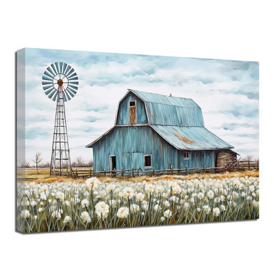 "Turquoise Barn", art mural, rustique, bleu sarcelle, vieille grange et moulin à vent