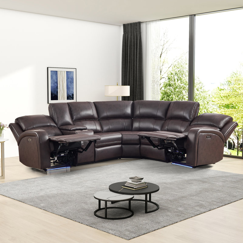 Canapé modulaire inclinable électrique en cuir 7 pièces avec rangement, porte-gobelet et DEL 7 pièces, Similicuir brun