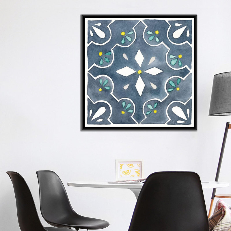 « jardin escapade tile ii blue », impression sur toile, H 18 po x l 18 po x P 1,5 po, Toile avec cadre noir, Pas de tapis