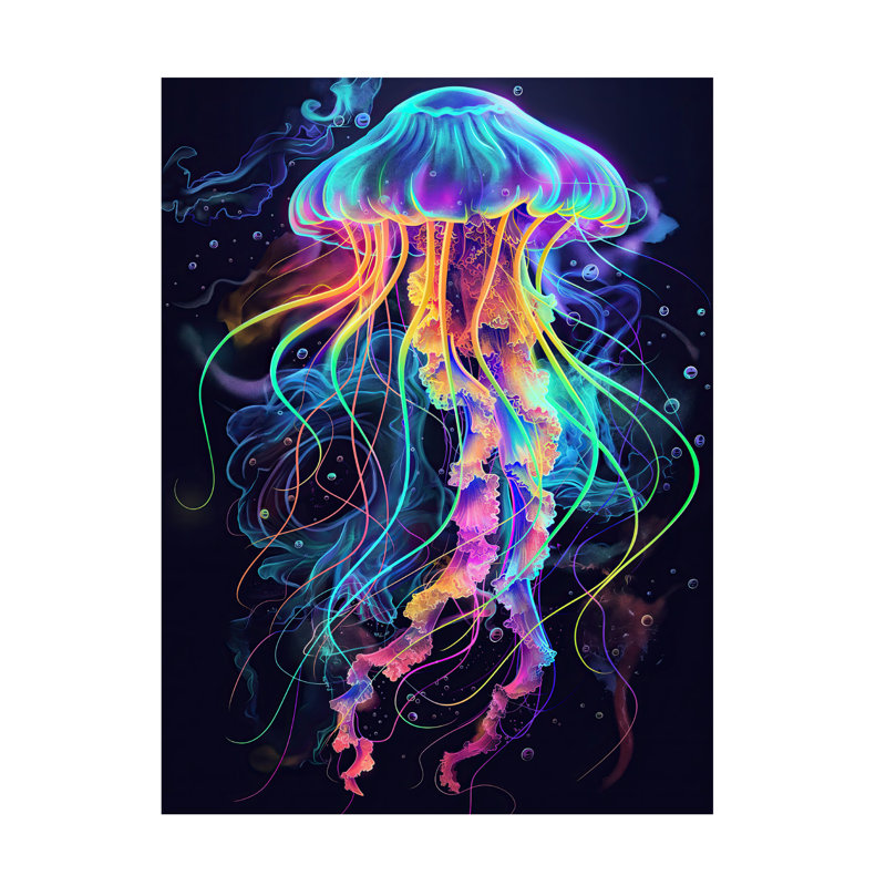 Art mural sur toile tendue - Art mural «Wumples 'Jellyfish, Neon Glow 3» pour le salon, la chambre à coucher ou le bureau - 35 x 47