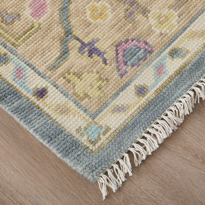 Karina Hand Knotted Wool Floral Area Rug in Blue/Beige, Rectangle 5'6" x 8'6"