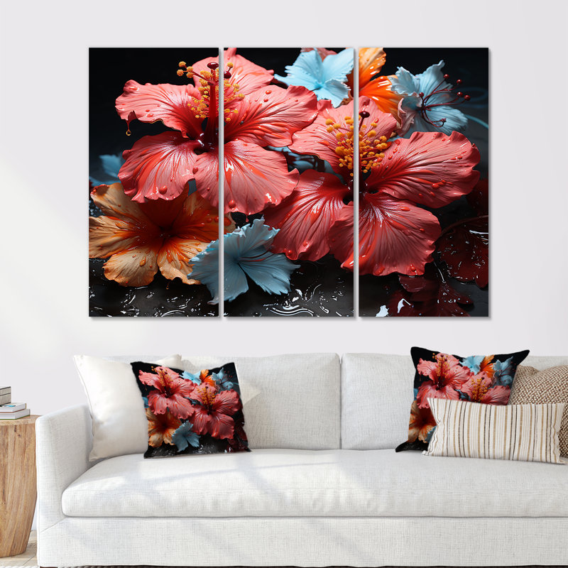Hibiscus en fleurs sur verre - ensemble d'art sur toile Hibiscus, H 32 po x l 48 po x P 1 po