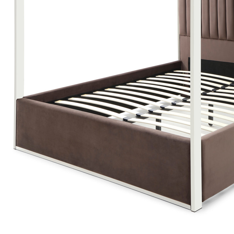 Jeffrey Canopy Velvet Upholstered Queen Bed Frame In Dark Brown, Queen, Dark Brown
