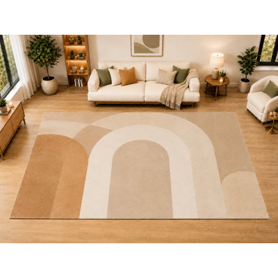 Grand tapis arqué arc-en-ciel moderne de 6 pi 7 po x 9 pi 10 po pour salon, chambre à coucher, salle à manger, envers antidérapant doux à poils courts, beige foncé