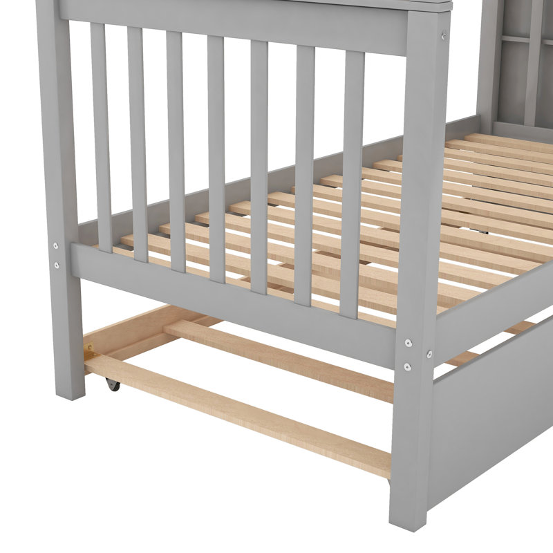 Lit superposé simple gris sur lit superposé, lit gigogne disponible, 4 compartiments de rangement latéraux inclus, tablettes sur