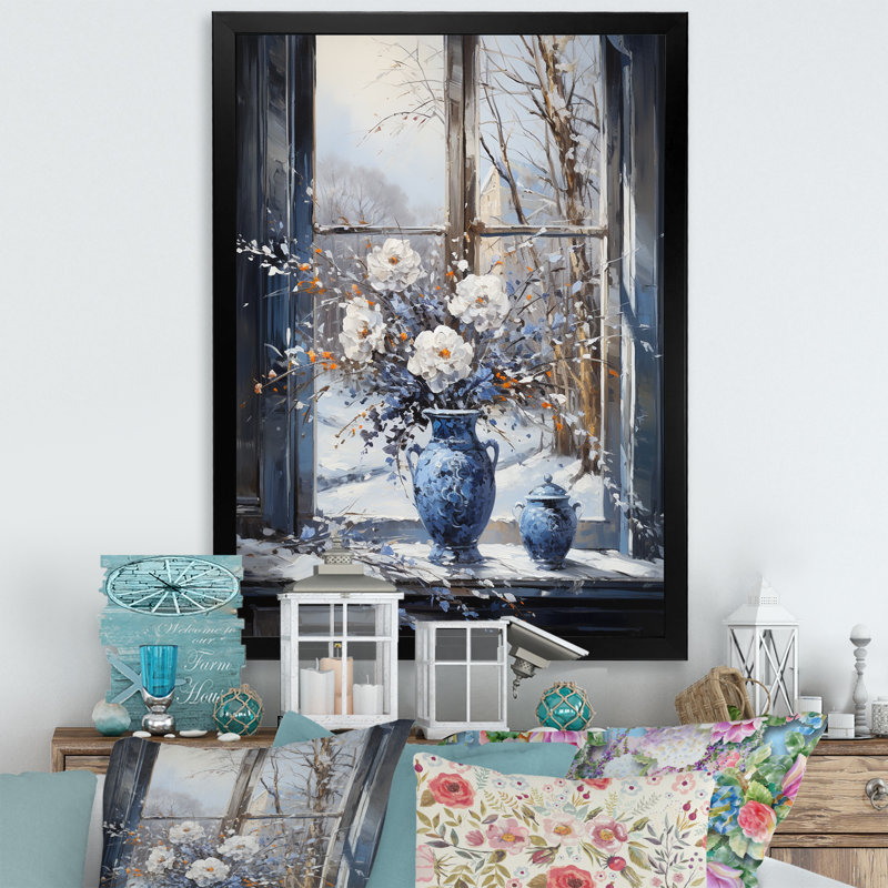 «White and Blue Winter Window Still Life I - Winter Landscape», art mural, Cadre simple noir, H 20 po x l 12 po x P 1 po