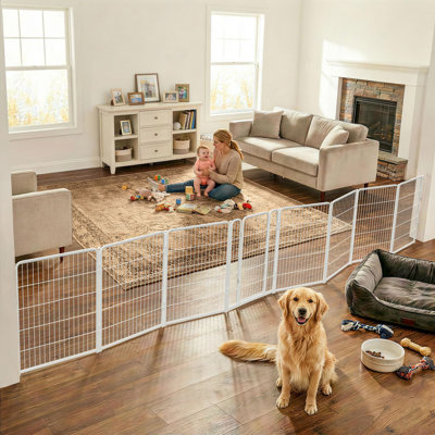 Barrière pour chien très large FXW conçue pour une utilisation à l'intérieur, largeur réglable jusqu'à 219 pouces de large (H 40 po à 8 fils pour chiens de taille moyenne et grande), blanc