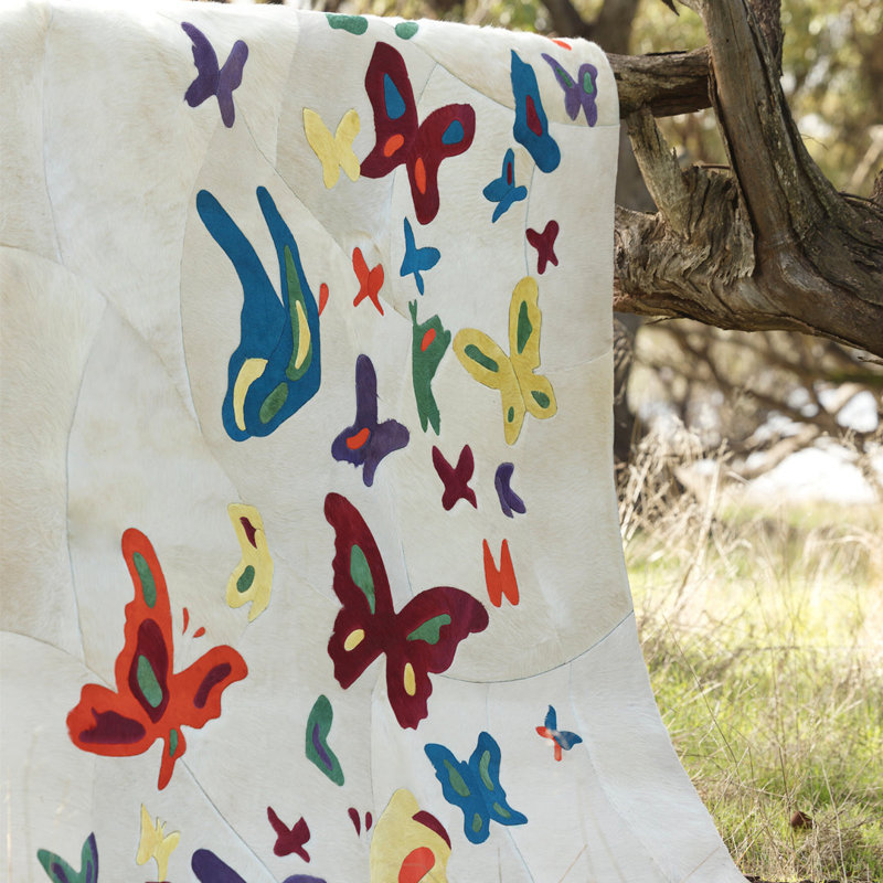 Mariposa Cowhide Area Rug in Ivory/Orange/Yellow/Blue, Rectangle 7' x 10'