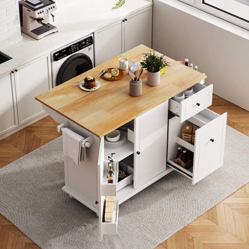 Îlot de cuisine avec abattant, chariot de cuisine sur roulettes de 53,9 po de largeur sur roulettes avec support de rangement interne et armoire de rangement coulissante à 3 niveaux, chariot de rangement de cuisine, îlot de cuisine