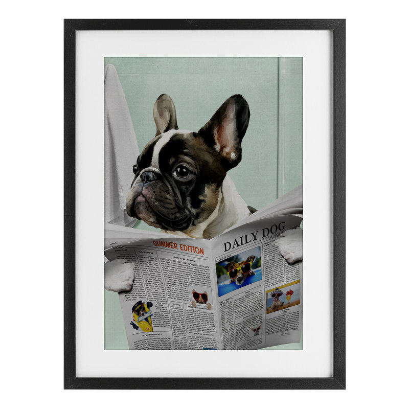 «Pug News Bathroom Humor», impression sous verre, H 20 po x l 14 po, Cadre noir minuit