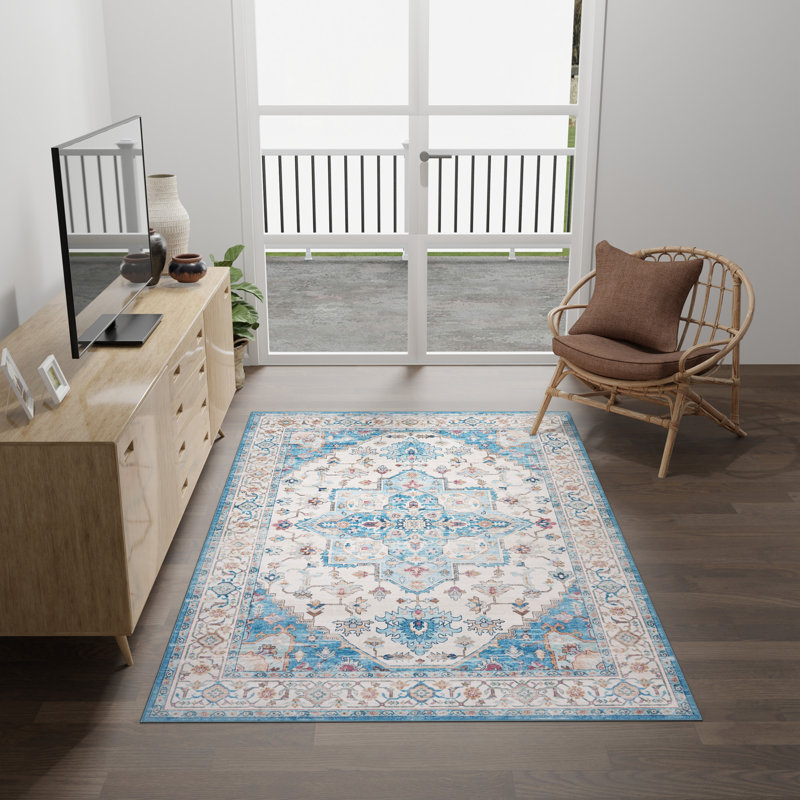 Tapis d'intérieur lavable en machine HGTV Everyday Chic, Bleu, Rectangulaire 5 pi x 7 pi