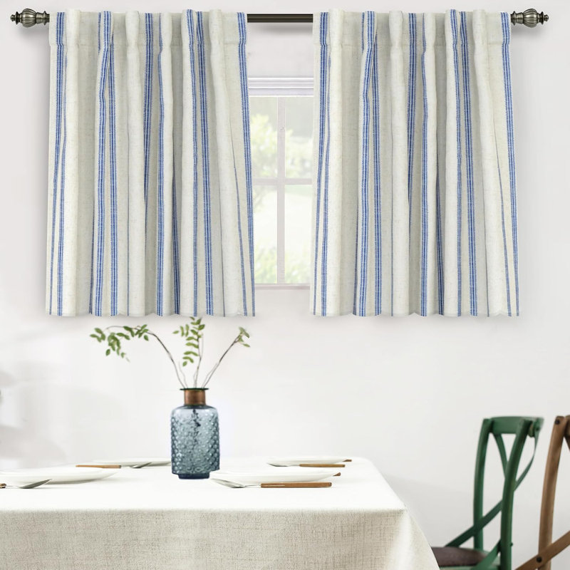 Paire de rideaux occultant, L 52 po x L 108 po, Rayures bleu marine / languette en lin clair