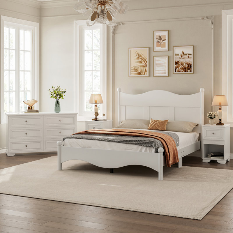 Ensemble de chambre à coucher de style rétro 4 pièces, lit plateforme grand avec un design élégant, table de chevet et commode avec poignée en métal