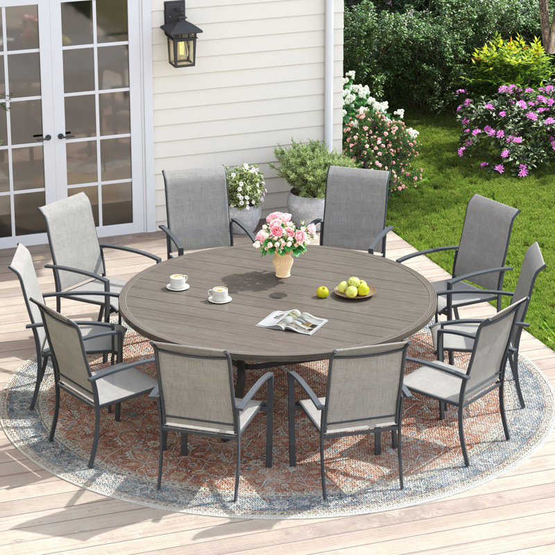 63" Round Outdoor Patio Dining Set For 10 With Stackable PVC-coated polyester Chairs, Gray/Brush Wood Gray