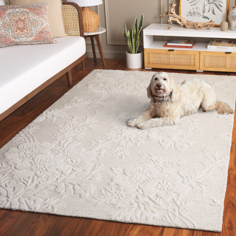 Emko 151 Hand Tufted Wool/Cotton/Viscose Floral Indoor Use Only Rug in Ivory, Rectangle 5' x 8'