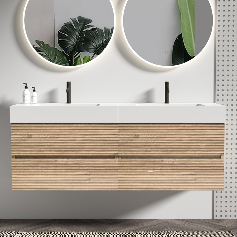 Meuble-lavabo de 60 po, conception flottante, lavabo une pièce, tiroirs en chêne brut, panneau de grille noir, matériau de qualité E1, rails de tiroir silencieux double style Mid-Century unique, rails, lavabo