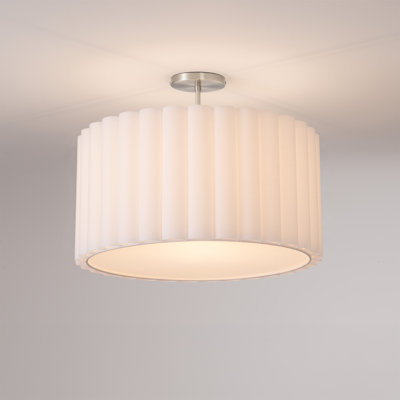 Plafonnier semi-encastré Elsberry, style moderne, corps et base en acier nickel satiné, abat-jour en lin blanc tambour, diamètre de 19 po, à intensité variable, conçu par NOVA, idéal pour les chambres à coucher, les salles à manger, les vestibules, qualité contractuelle