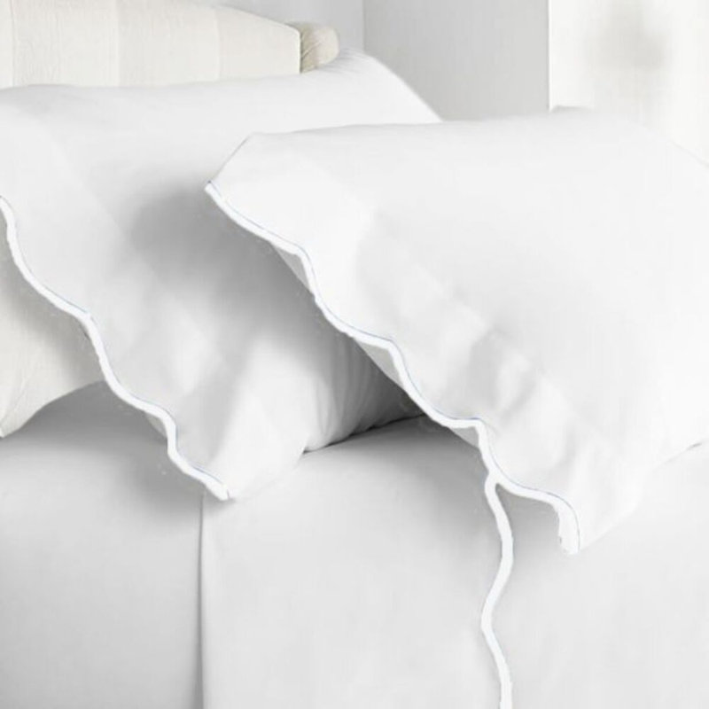 400TC Cotton Scallop Embroidery Cotton 4 Piece Sheet Set Fitted Sheet Fits Upto 16" Deep Pocket, White, Yes
