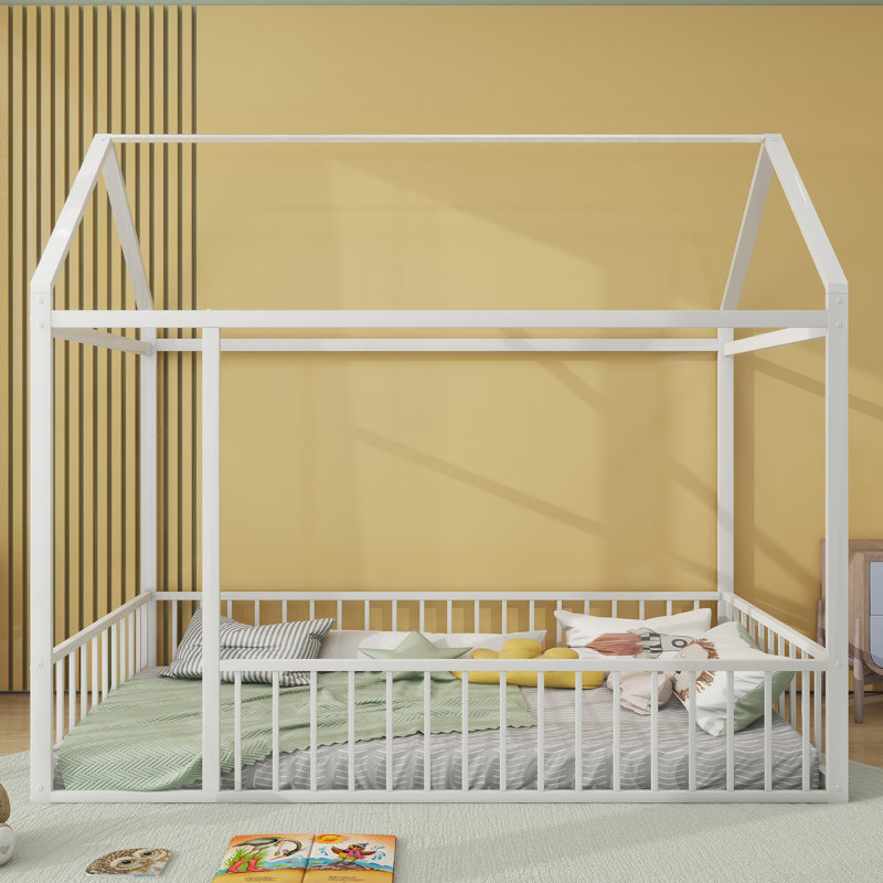 Schererville Metal House Style Floor Bed with Canopy and Guardrails, Twin, White