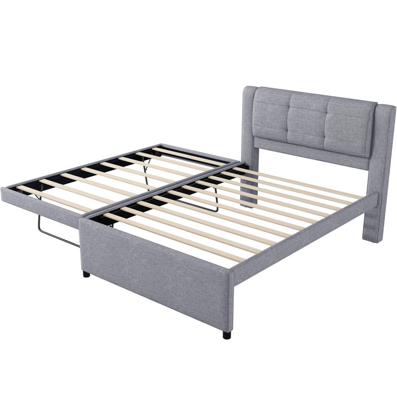 Lit plateforme tapissier avec lit gigogne pouvant être plat ou érigé, Gris