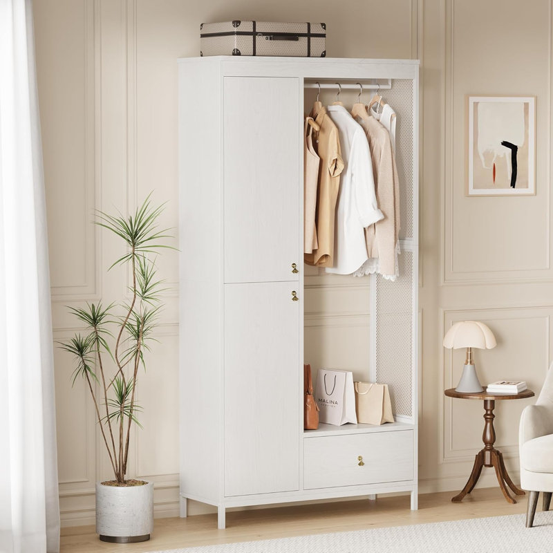 Armoire-penderie moderne, structure et cadre en bois, tringle, tiroir et rangement, Blanc