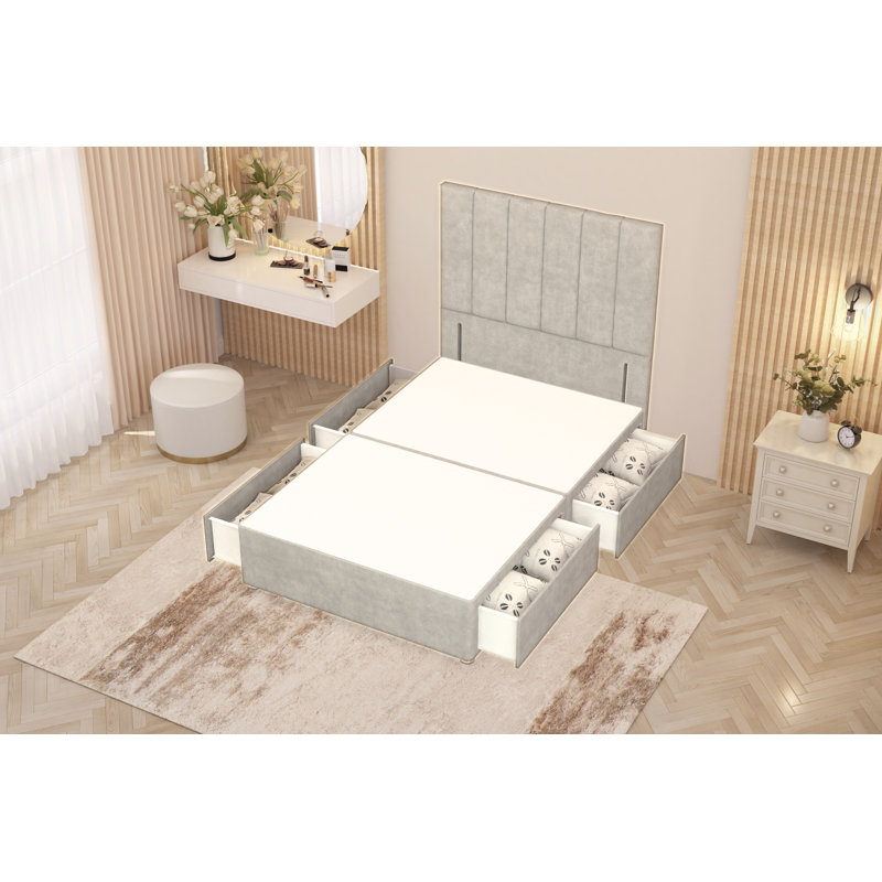 Asterin Divan Bed Base with 54" Floor Standing Headboard Plush Velvet, Silver, Kingsize (5'), 4 Drawers