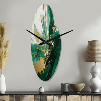 Green and Gold Serene Cascade III - Abstract Asymmetrical Metal Wall Clock, Modern Curved Wall Clock Print