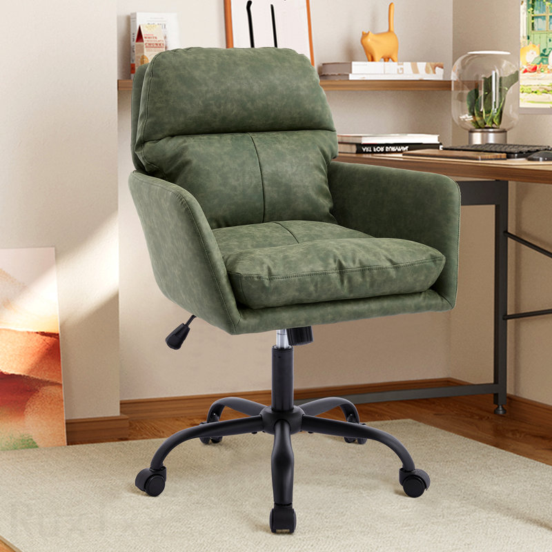 Green Artificial Leather Pu Leather Office Chair, Black Base, Adjustable In Height, Suitable For Office Bedroom Dressing Table And Other Environments