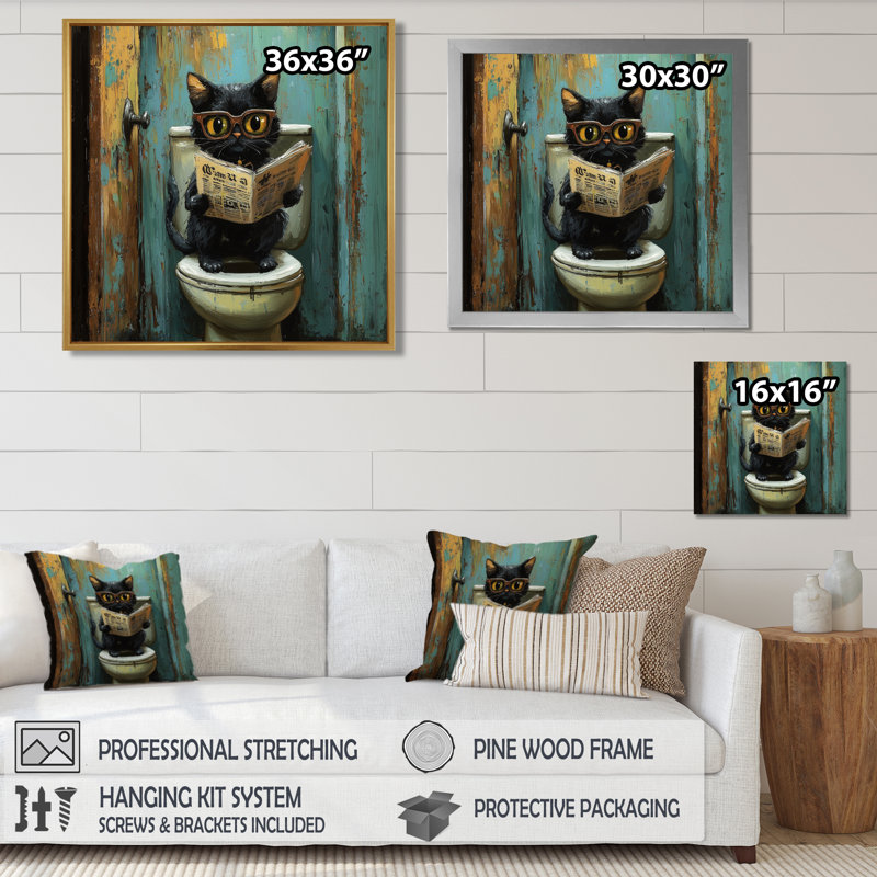 «Cute Cat Ready», journal sur la toilette II - art mural chat, H 36 po x l 36 po, Reproduction encadrée d'une seule photo