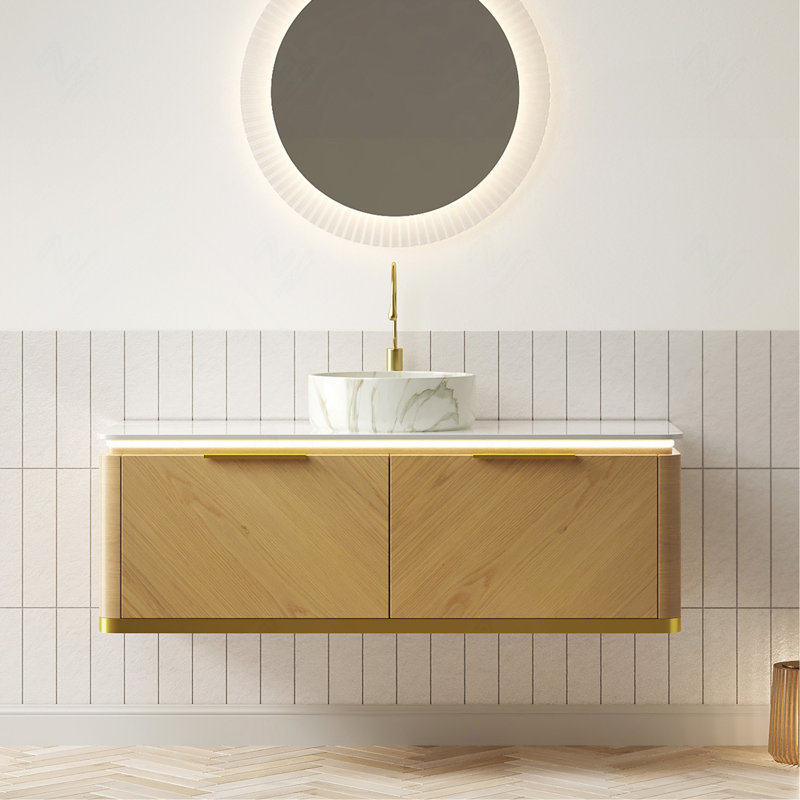 Meuble-lavabo 48 po, meuble de rangement flottant en contreplaqué avec 2 tiroirs, capteur de lumière, vasque en céramique blanche à motif de pierre et plateau en pierre frittée, chêne Corolla pré-assemblé