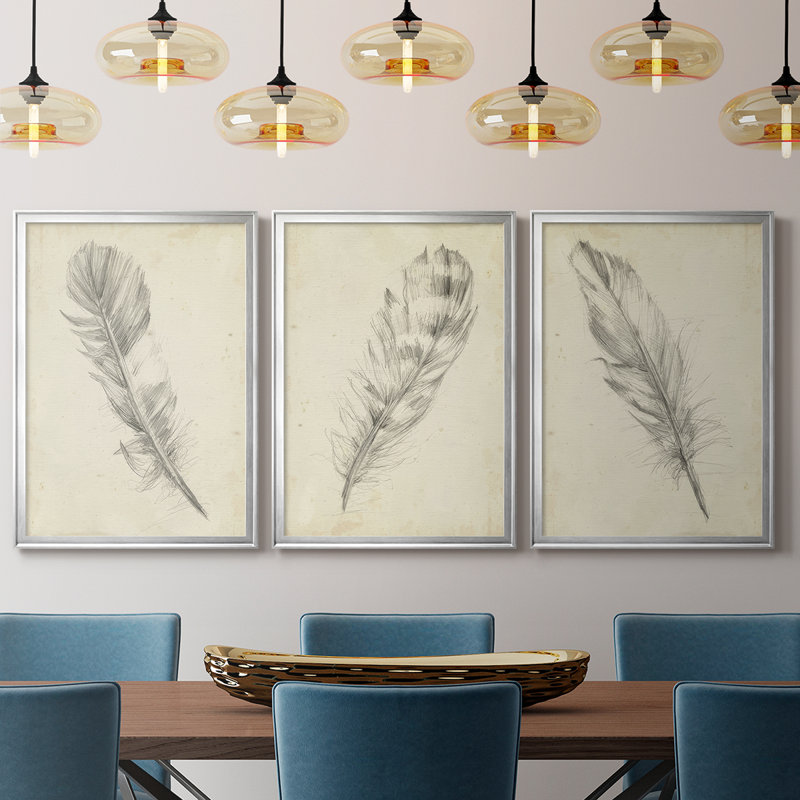Croquis de plumes I - Toile tendue avec châssis sur mesure - 3 pièces, H 30 po x l 63 po, Argent argent