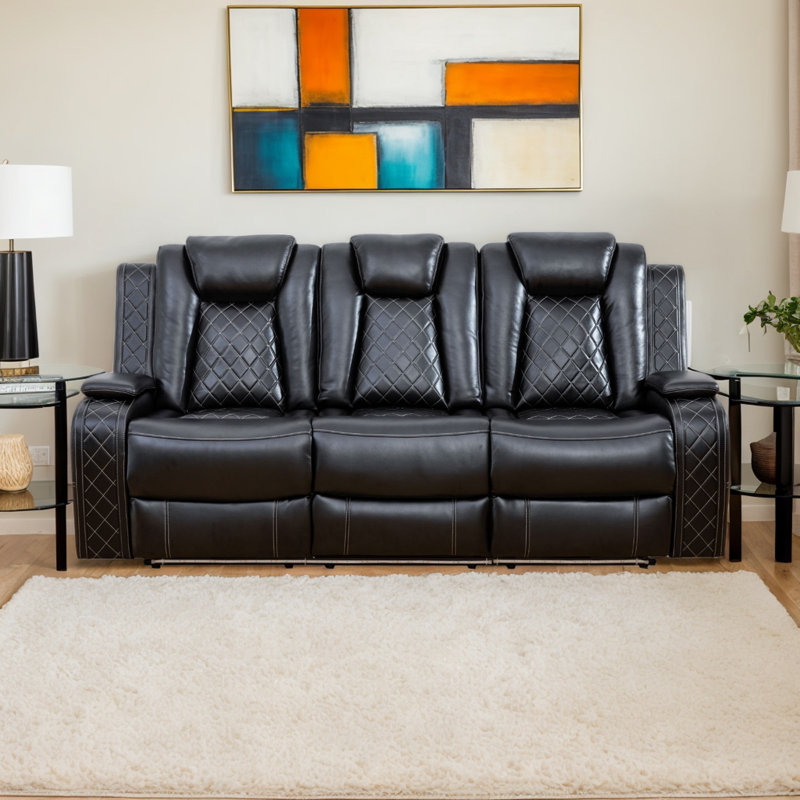 83" Breathable Leather Power Reclining Sofa with Wireless Chargers and Blue LED Light, Black