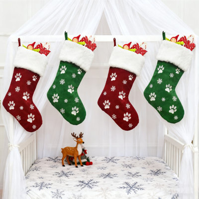 4 pièces de bas de Noël de 8,7 x 18 pouces avec empreintes de pattes de chien et motif de flocons de neige rouges et rouges décorations de Noël