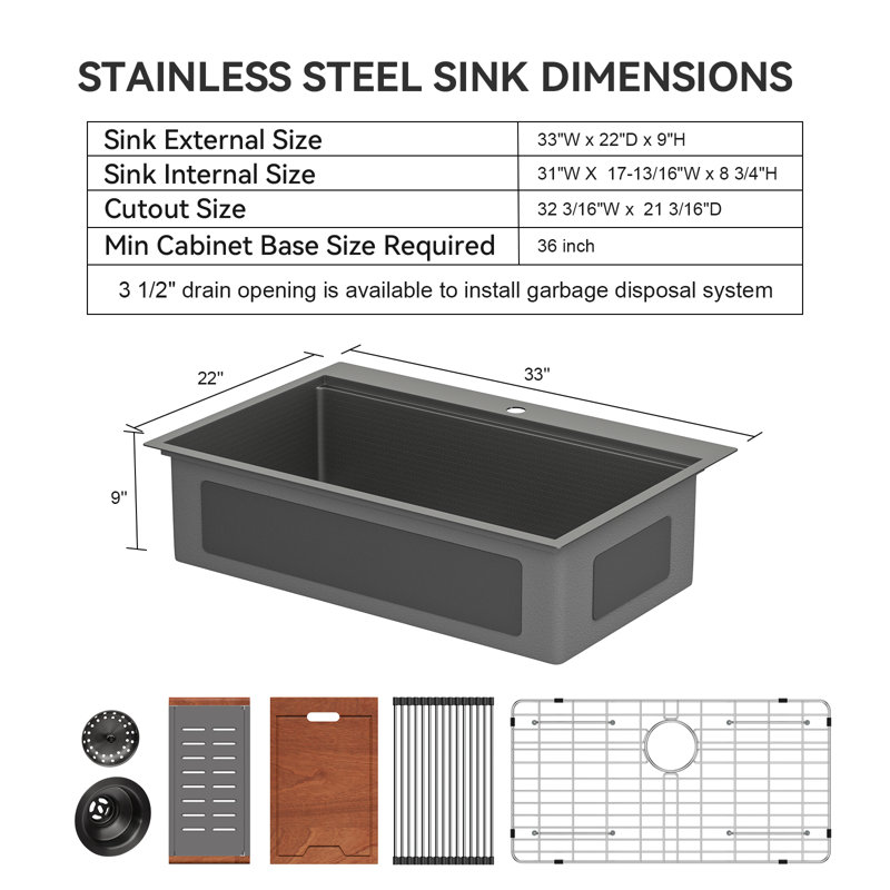 33x22 Drop-In Stainless Steel Workstation Sink Dimension & Full Accessories Diagram