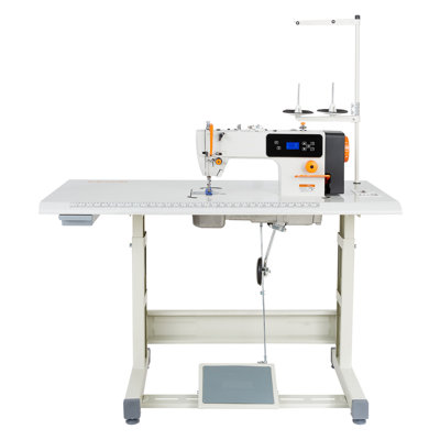 Machine à coudre industrielle, machine à coudre à point noué de 550 W avec servomoteur et support de table, haute vitesse de 5 000 points par minute, coupe-fil automatique, châssis métallique, écran ACL, éclairage DEL, denim, conçue pour le coton