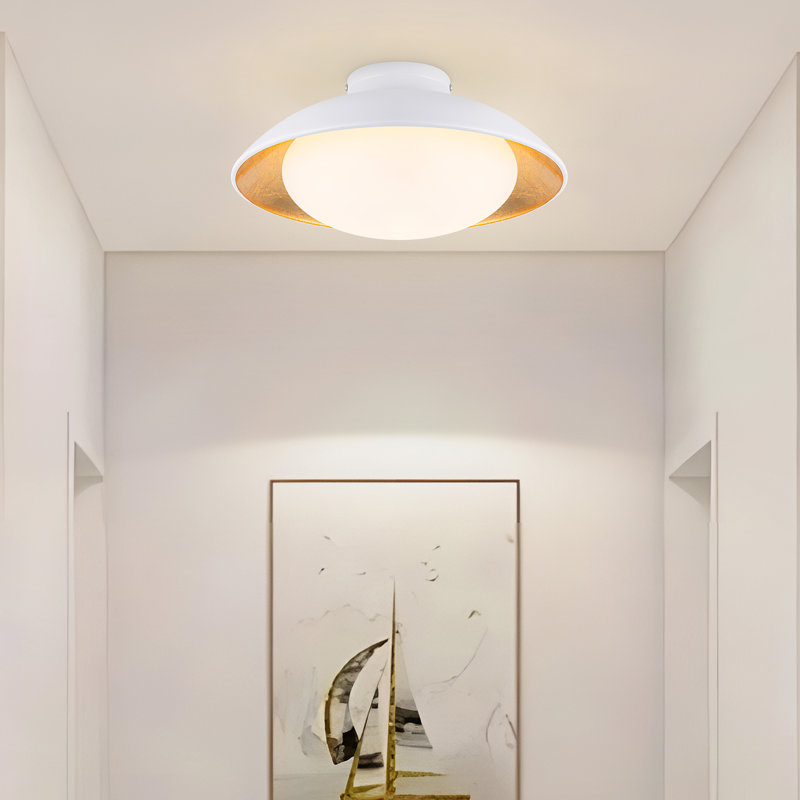 1-Light Dome Opal Glass Flush Mount Ceiling Light with Gold Foil Interior, White