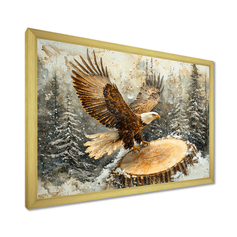 Aigle, vol du chasseur en hiver II - aigle, art mural, H 30 po x l 40 po, Cadre flottant, Doré